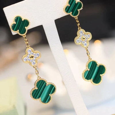 CLOVER EARRINGS GOLD MALACHITE DIAMOND 3 MOTIFS