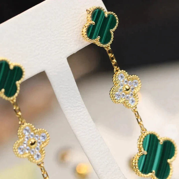 CLOVER EARRINGS GOLD MALACHITE DIAMOND 3 MOTIFS