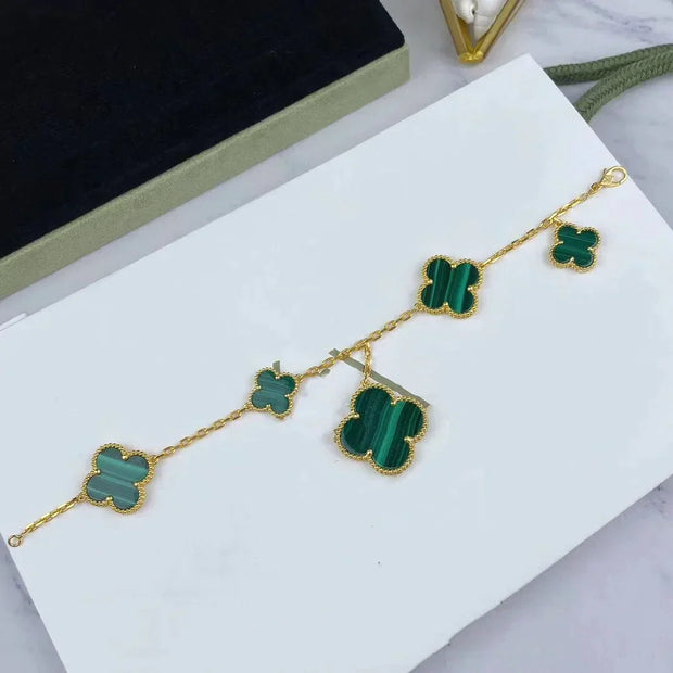 MAGIC CLOVER MALACHITE PINK GOLD BRACELET 5 MOTIFS