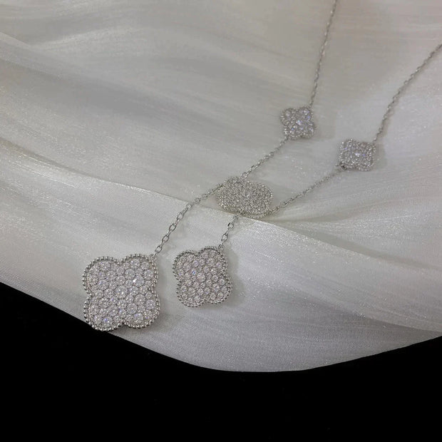 CLOVER 5 MOTIFS SILVER DIAMONDS NECKLACE