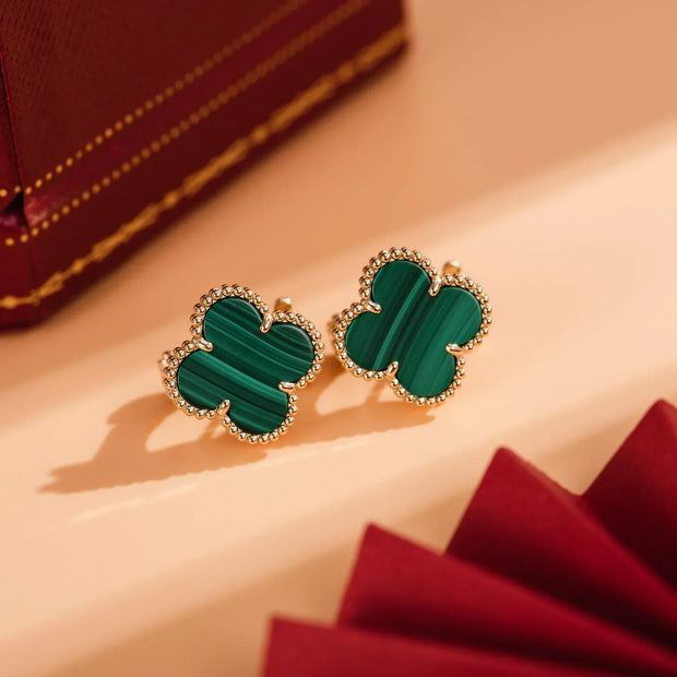 CLOVER MEDIUM MALACHITE PINK GOLD EARRINGS