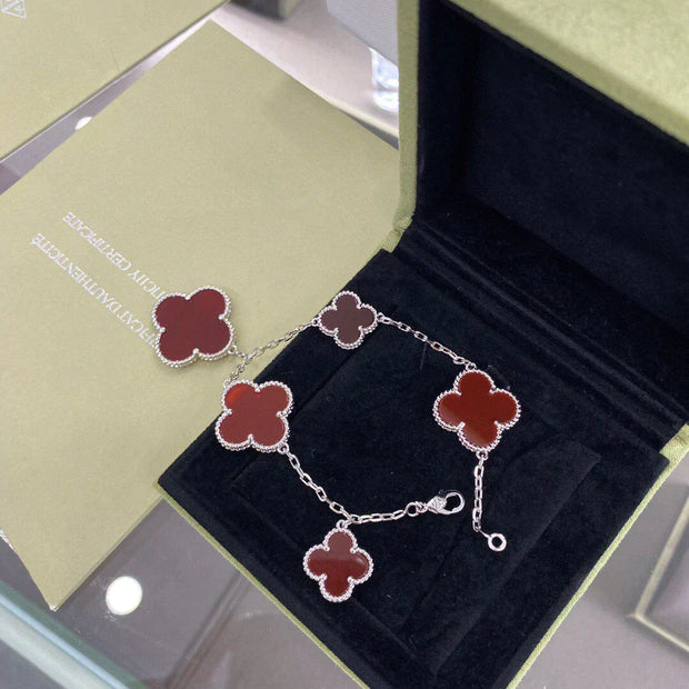 CLOVER 5 MOTIFS SILVER CARNELIAN BRACELET