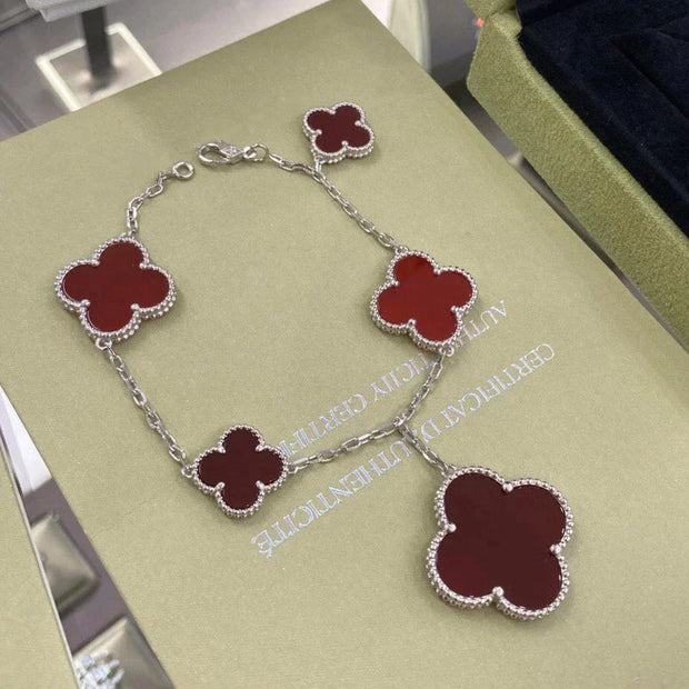 CLOVER 5 MOTIFS SILVER CARNELIAN BRACELET