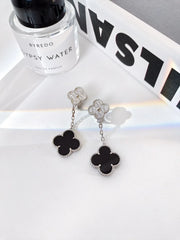 CLOVER 2 MOTIFS SILVER DIAMOND ONYX EARRINGS