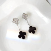 CLOVER 2 MOTIFS SILVER DIAMOND ONYX EARRINGS