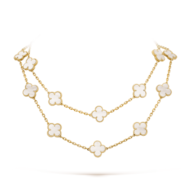 CLOVER 20 MOTIFS WHITE MOP GOLD NECKLACE