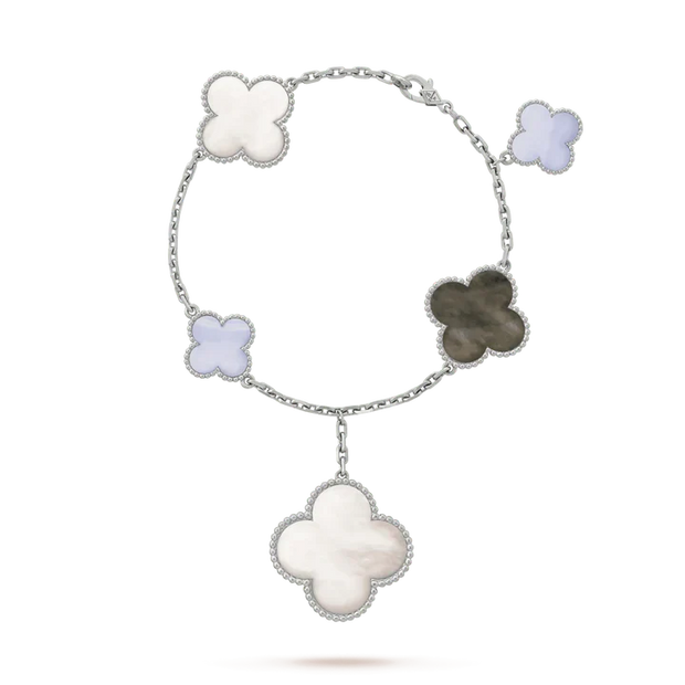 CLOVER 5 MOTIFS SILVER WHITE MOP BRACELET