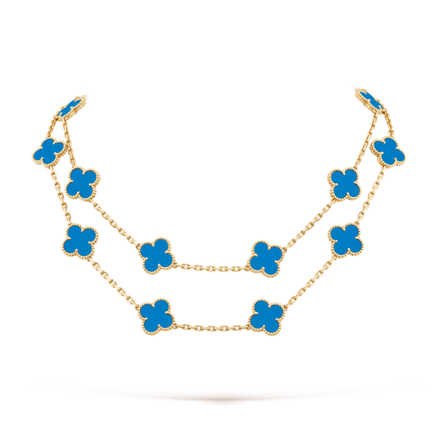 CLOVER 20 MOTIFS TURQUOISE GOLD NECKLACE