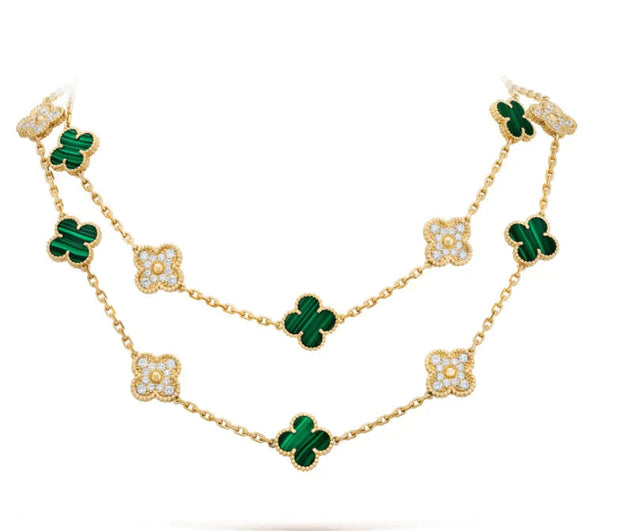 CLOVER 20 MOTIFS MALACHITE DIAMOND GOLD NECKLACE